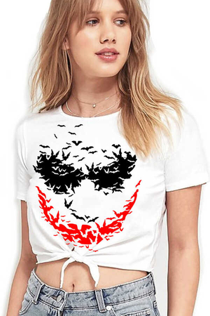 Rock & Roll - Yarasa Gülüşü Beyaz Kesik Crop Top Bağlı Kadın T-shirt