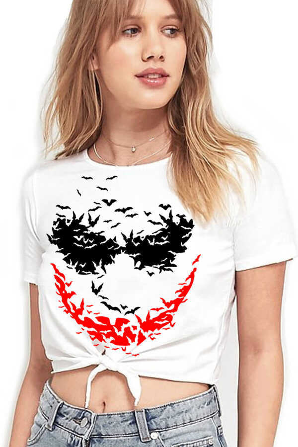 Yarasa Gülüşü Beyaz Kesik Crop Top Bağlı Kadın T-shirt