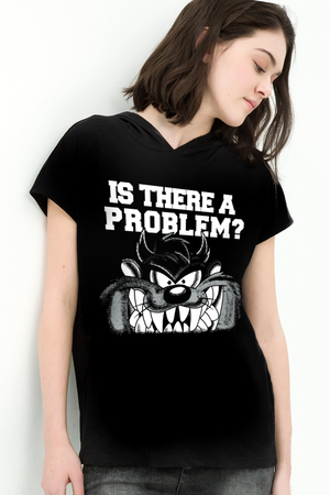  - Taz Problem Siyah Kapüşonlu Kısa Kollu Kadın T-shirt