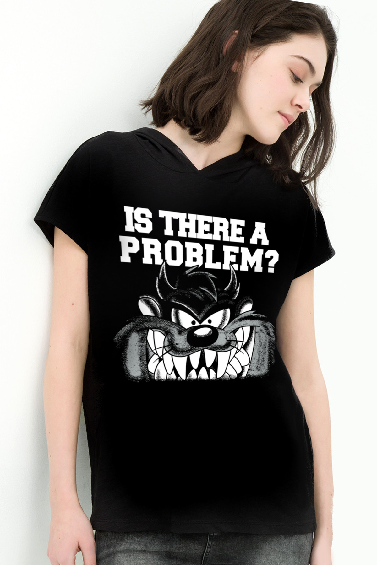 Taz Problem Siyah Kapüşonlu Kısa Kollu Kadın T-shirt