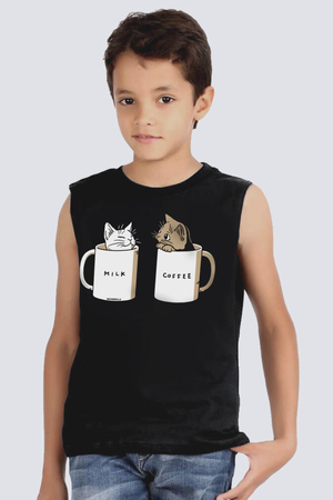 Rock & Roll - Sütlü Sade Siyah Kesik Kol | Kolsuz Erkek Çocuk T-shirt