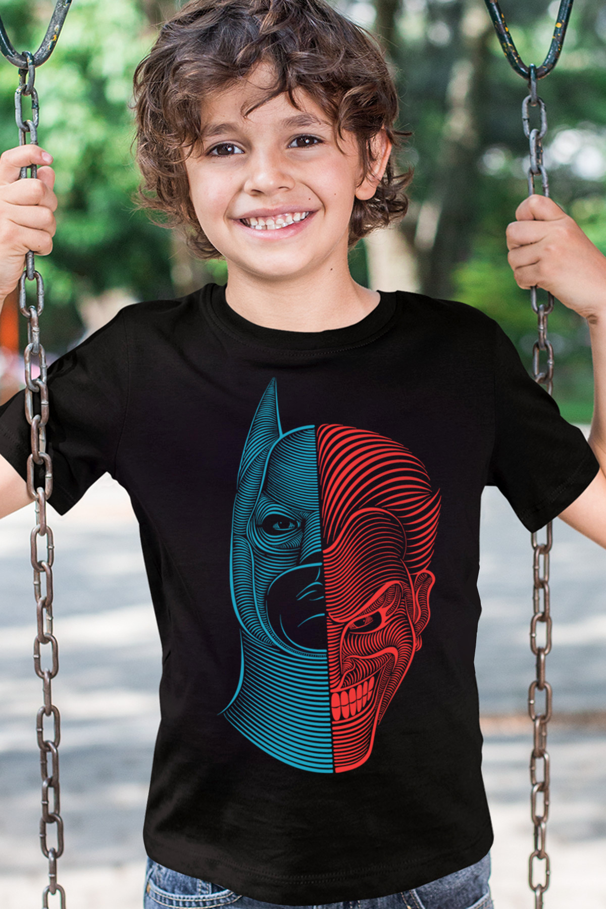 Yarım Kahraman Siyah Kısa Kollu Çocuk T-shirt