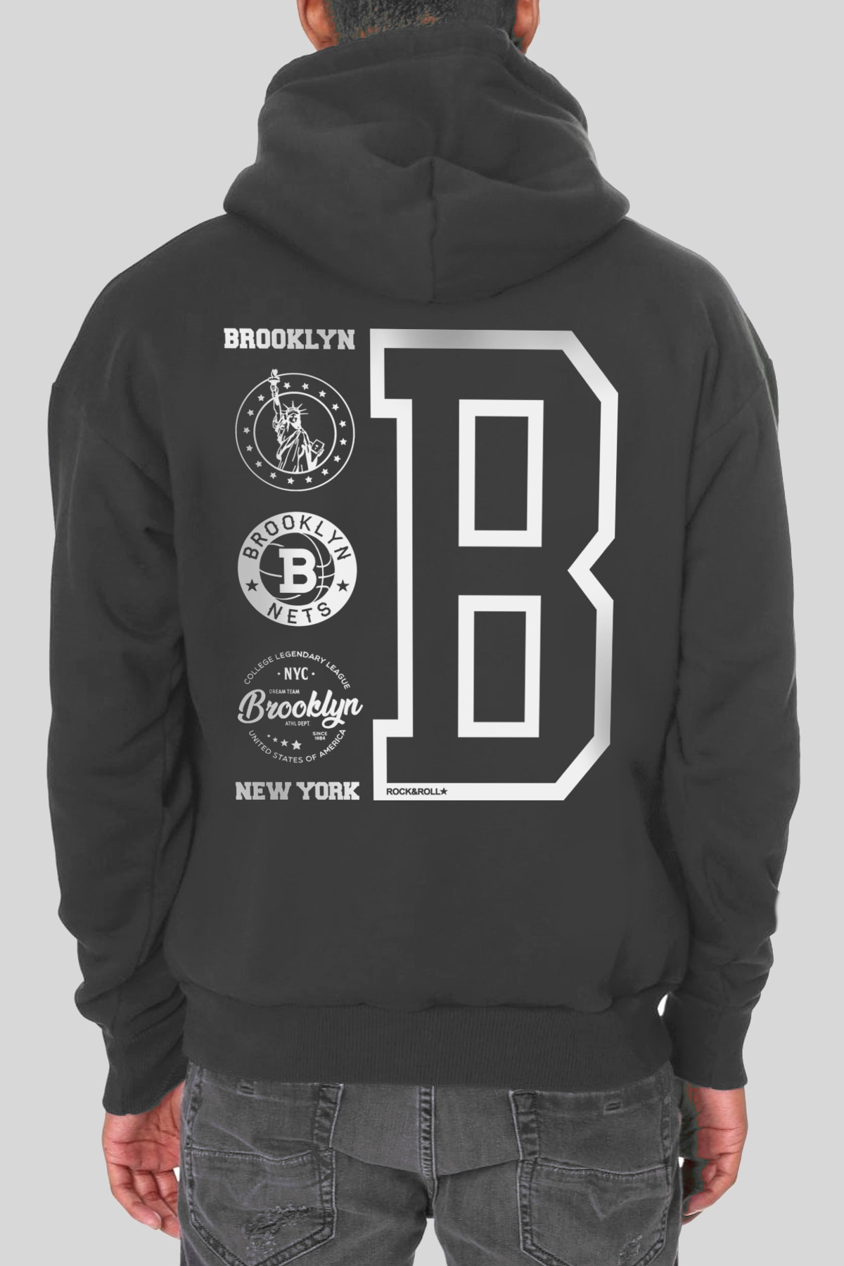Brooklyn Logo Kapüşonlu Arka Baskılı Kalın Antrasit Erkek Sweatshirt