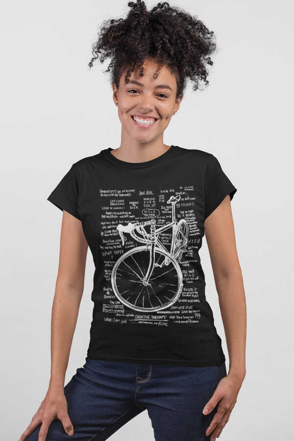 Yarış Bisikleti Yazılar Kısa Kollu Siyah Kadın|Bayan Tişört