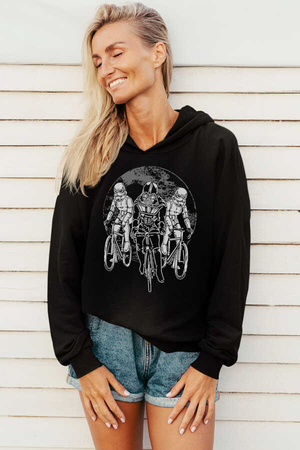 Yıldız Bisikletcileri Siyah Kapüşonlu Kadın Sweatshirt - Thumbnail