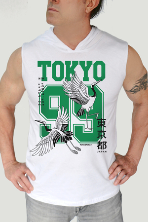 Tokyo 99 Beyaz Kapüşonlu Kolsuz Erkek T-shirt - Thumbnail