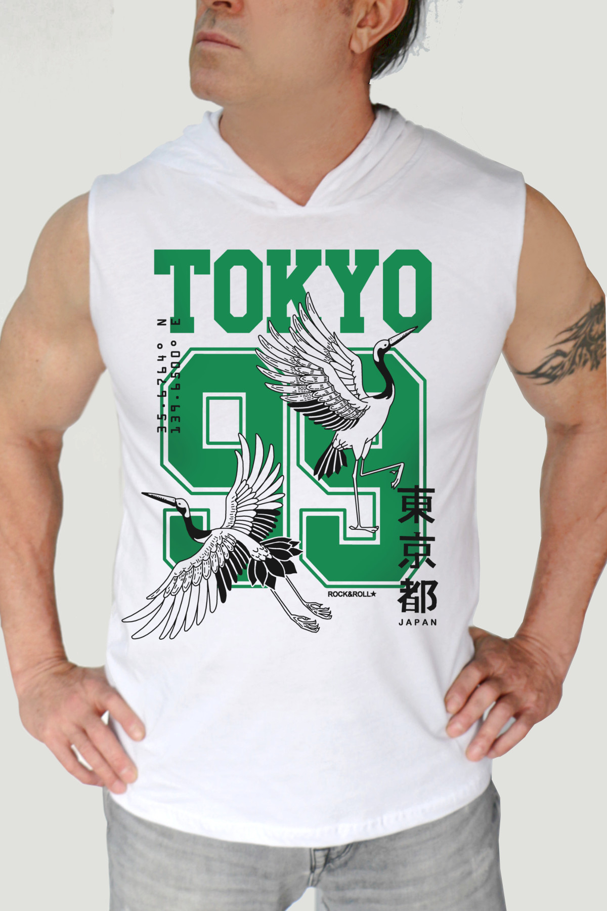 Tokyo 99 Beyaz Kapüşonlu Kolsuz Erkek T-shirt