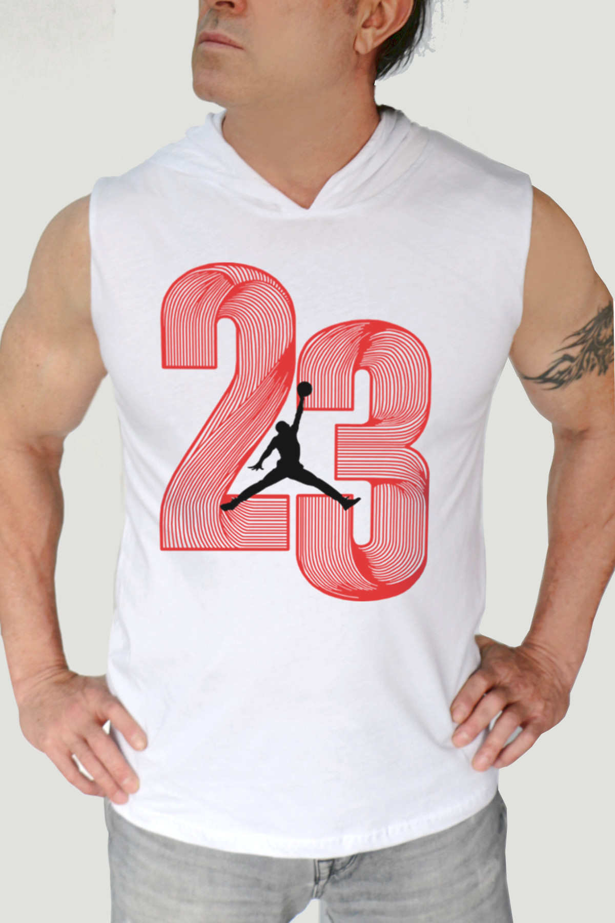 Yirmi Üç Beyaz Kapşonlu | Kolsuz Erkek Atlet T-shirt