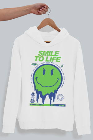 Hayata Gülümse Beyaz Kapüşonlu Erkek Sweatshirt - Thumbnail