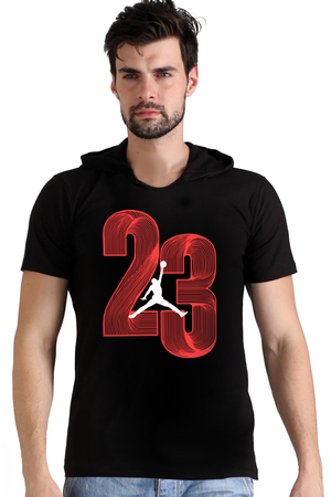 Yirmi Üç Siyah Kapşonlu Kısa Kollu Erkek T-shirt - Thumbnail