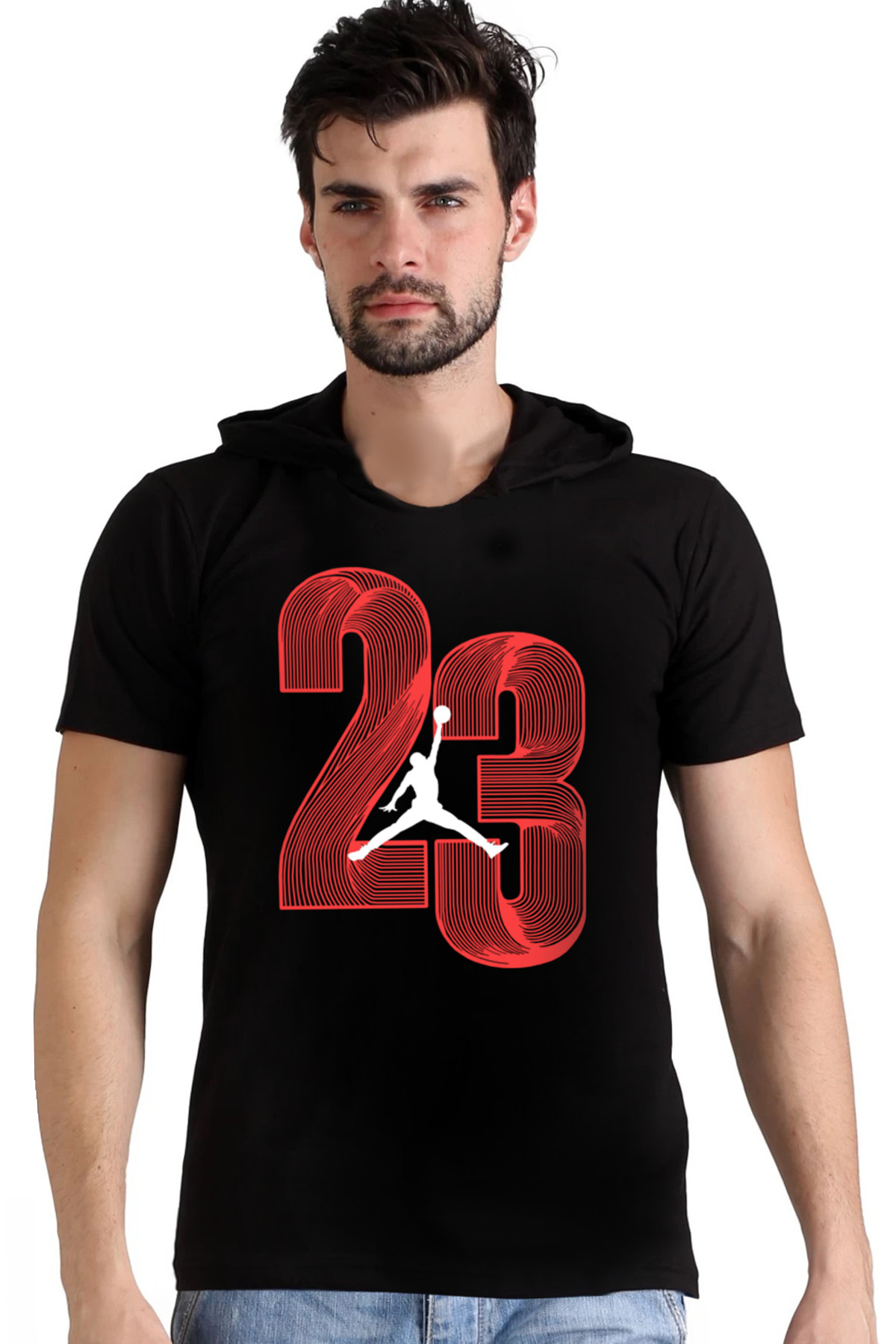Yirmi Üç Siyah Kapşonlu Kısa Kollu Erkek T-shirt