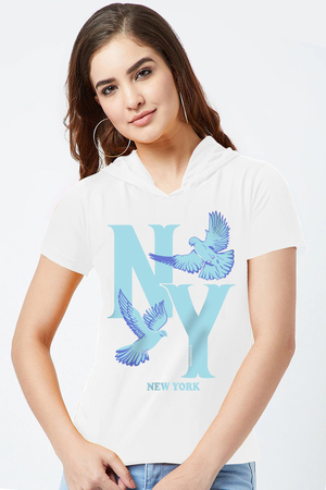 Ny Güvercinleri Beyaz Kapüşonlu Kısa Kollu Kadın T-shirt - Thumbnail