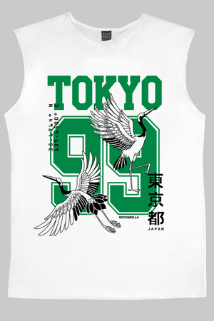 Tokyo 99 Beyaz Kesik Kol Kolsuz Baskılı Erkek T-shirt - Thumbnail