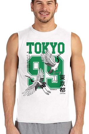 Rock & Roll - Tokyo 99 Beyaz Kesik Kol Kolsuz Baskılı Erkek T-shirt
