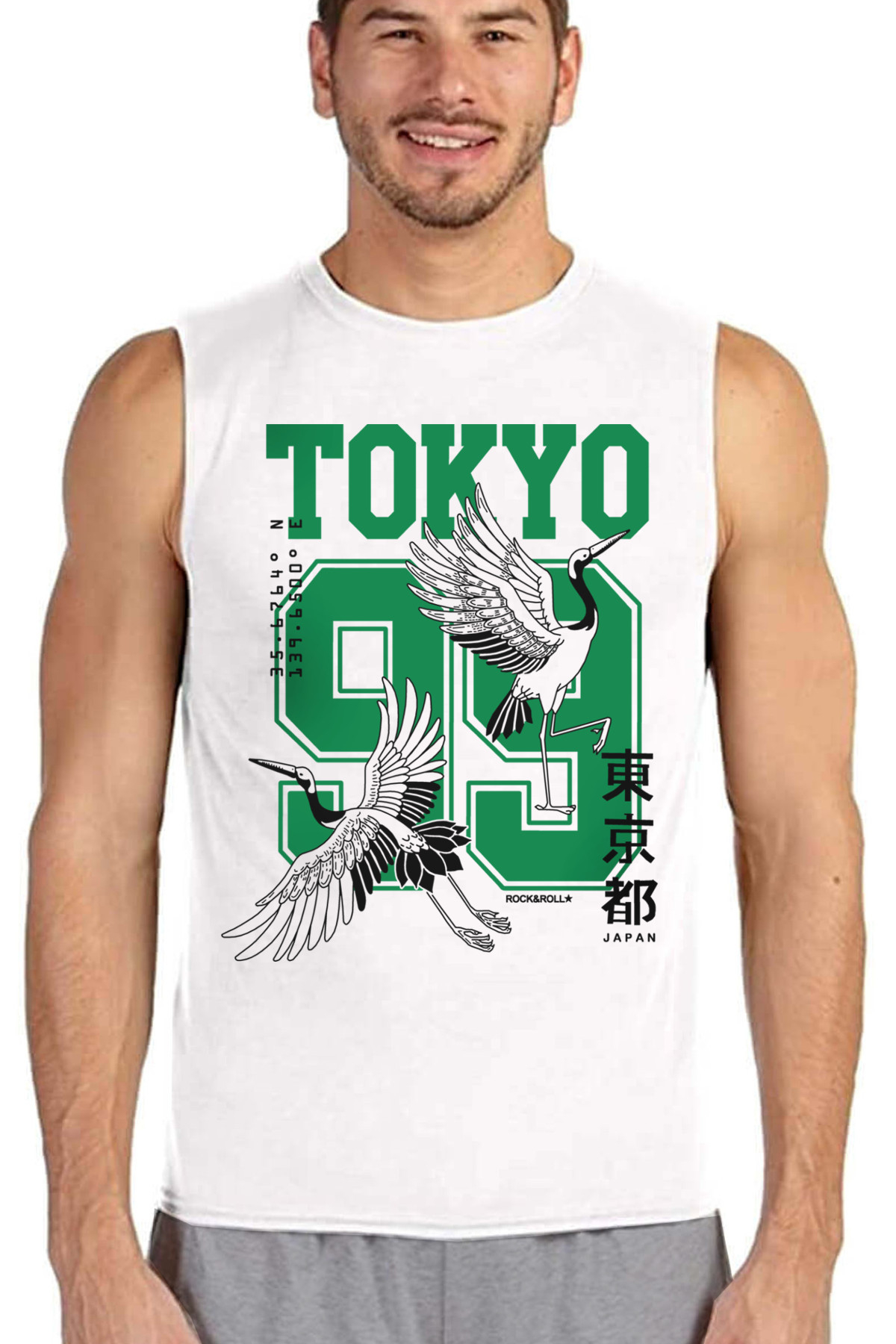 Tokyo 99 Beyaz Kesik Kol Kolsuz Baskılı Erkek T-shirt